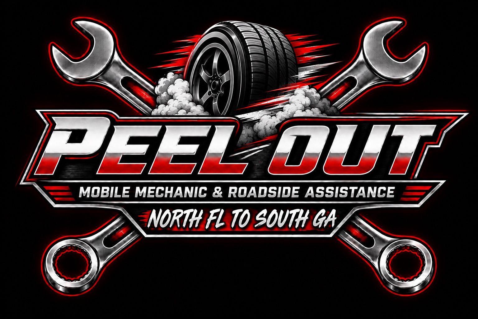 Peel Out Mobile Mechanic and Roadside Assistance graphic with both wrenches and North FL to South GA tagline